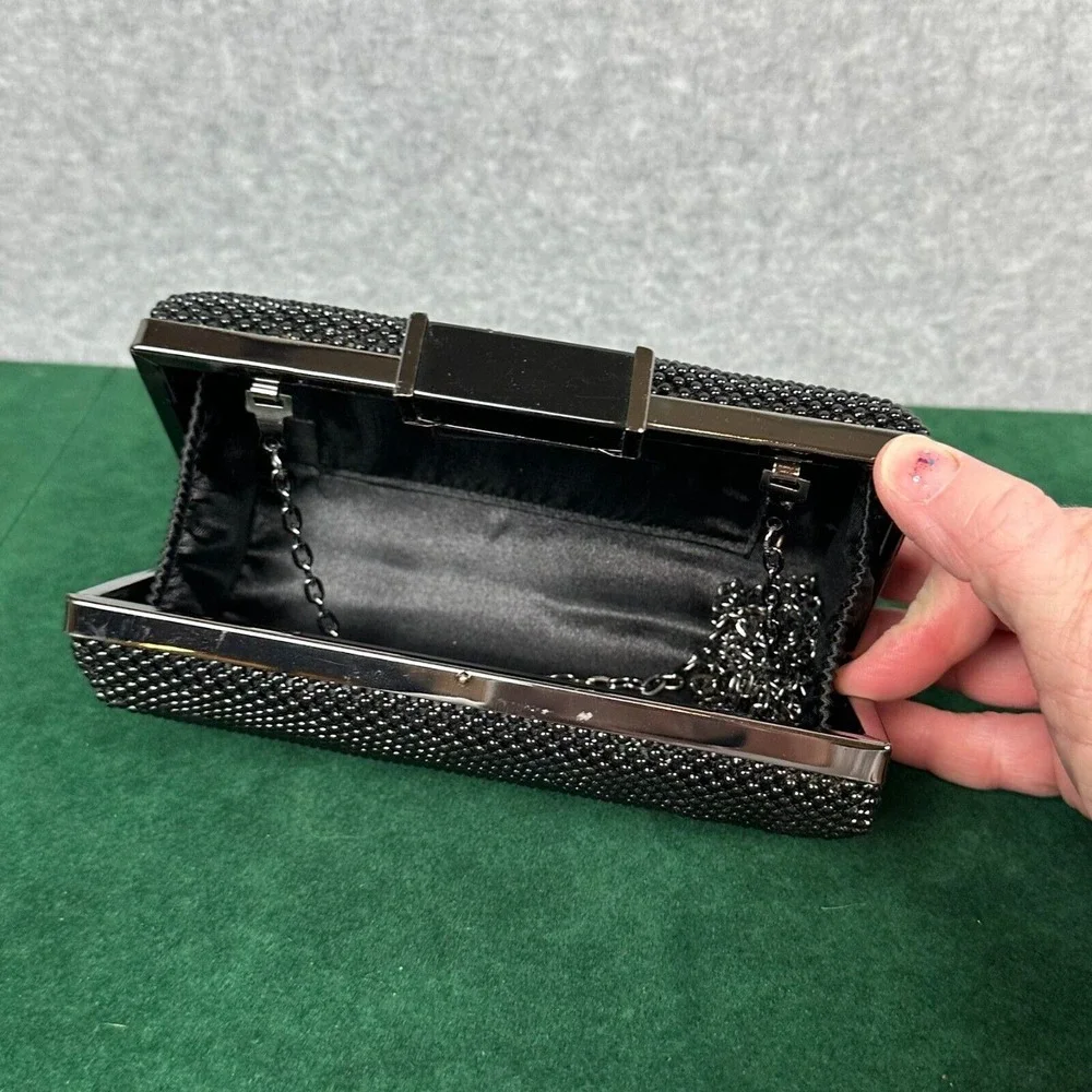 Fully‎ Beaded Evening Bag Black Purse Hard Shell Clutch Hideaway Crossbody Chain